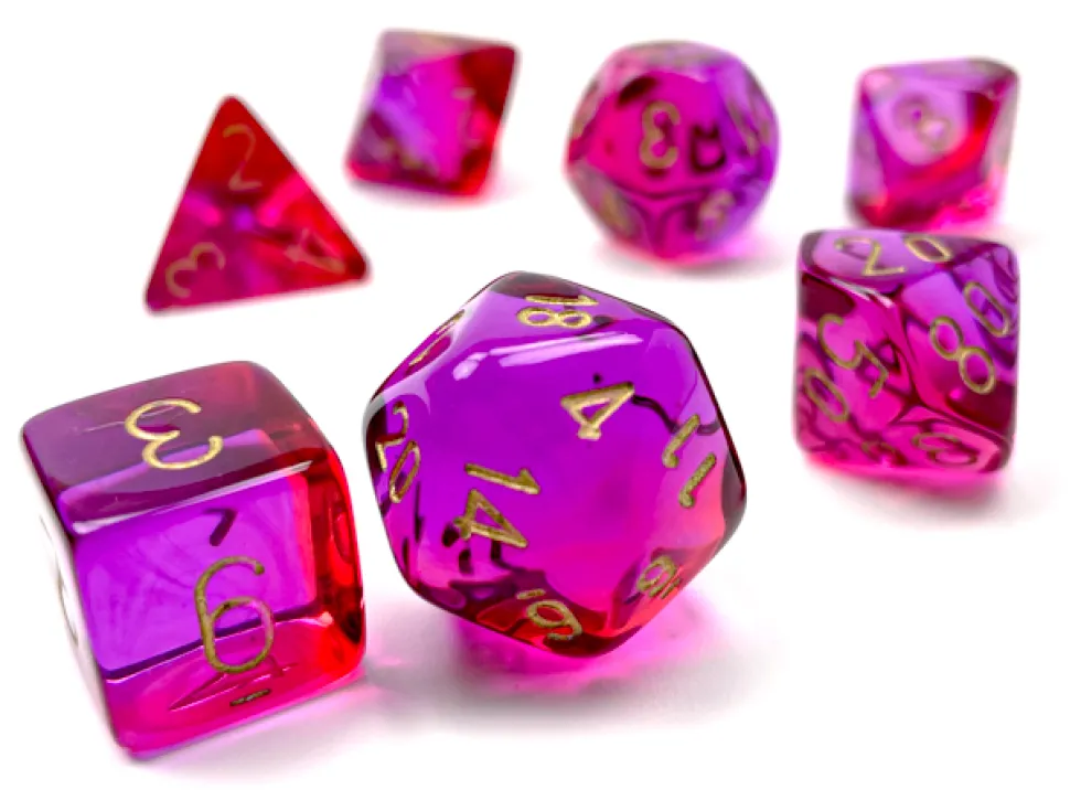 Kości Chessex - zestaw 7 kostek Gemini Translucent Red-Violet/gold