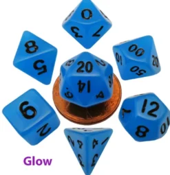 Kości Fanroll - zestaw 7 mini kostek Glow in the Dark - Blue with Black Numbers (10mm)