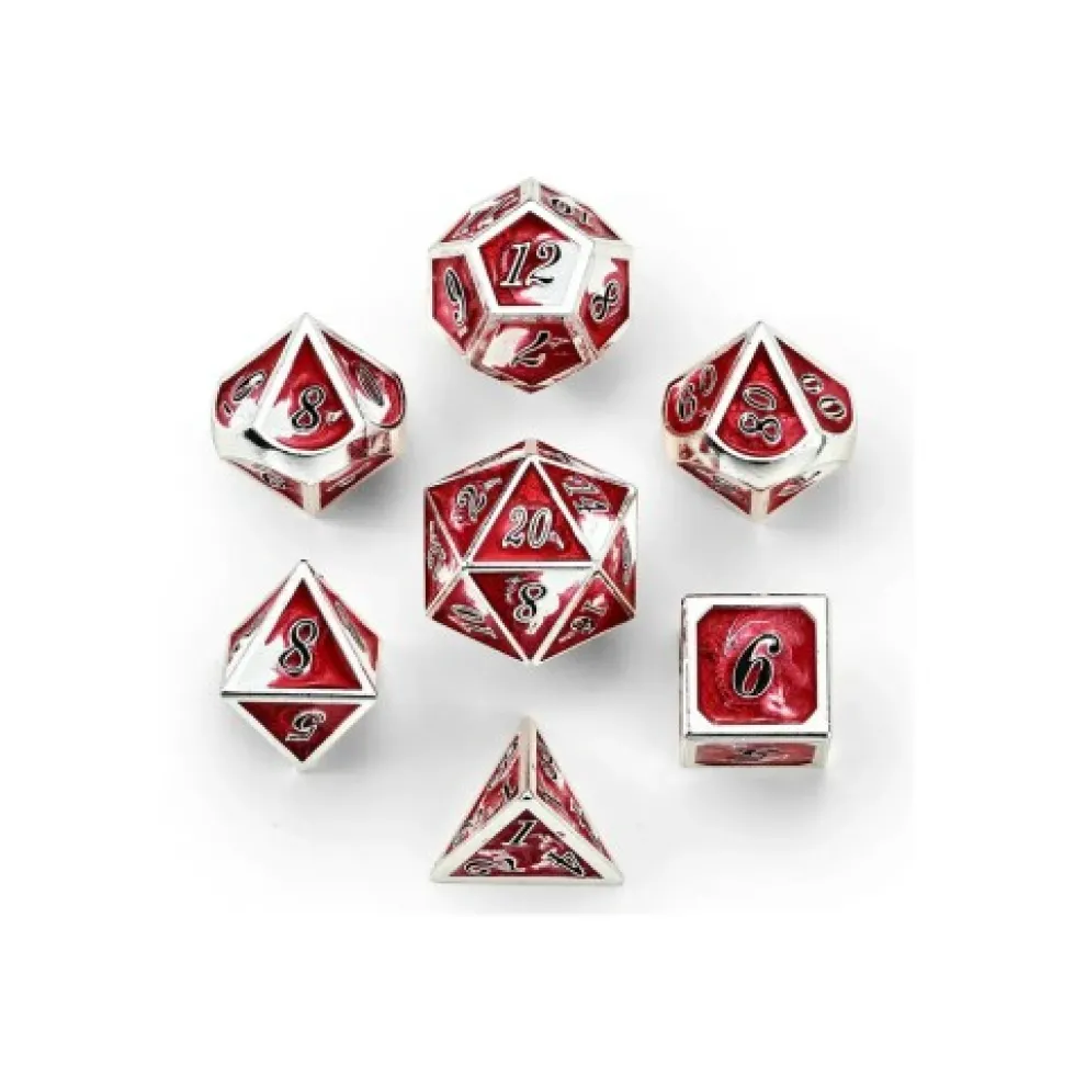 Zestaw kości: Solid Metal Dragon - Silver w/Red&White